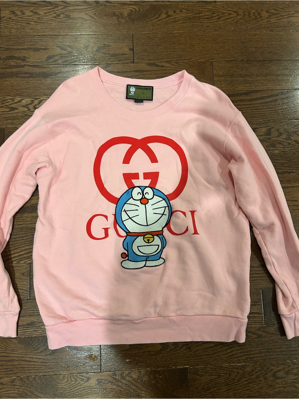 Gucci Pink Crewneck with Red Logo & Blue Doraemon Graphic